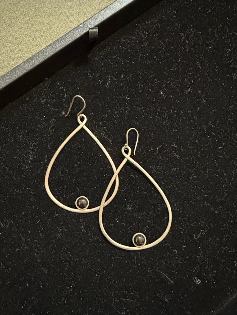 925 Sterling Teardrop Hoop Earrings with Black Stone Accent